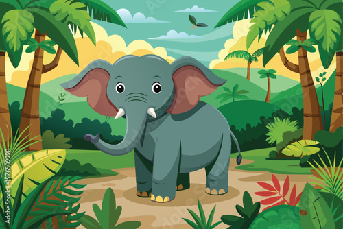 Adorable cartoon elephant in a vibrant jungle setting, surrounded by lush greenery and tropical plants. Perfect for childrens books, educational materials, and playful designs.