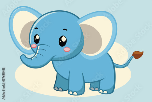 Charming illustration of a cute cartoon baby elephant with oversized ears, set against a soft background. Ideal for childrens themes, nursery decor, or playful designs.
