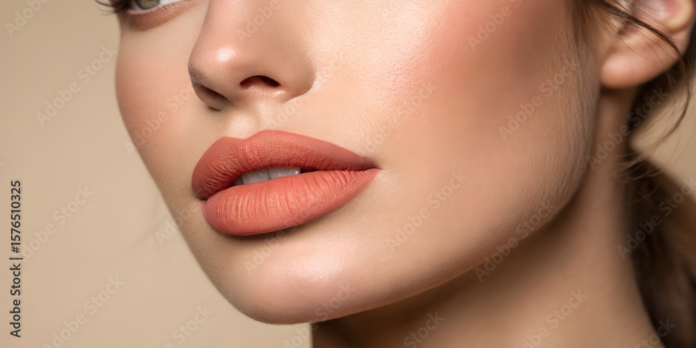 Obraz premium Closeup of a beautiful caucasian womans face with flawless skin, wearing a matte lipstick and subtle makeup against a neutral background