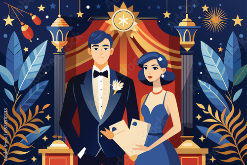Illustration of a sophisticated couple dressed in elegant formal wear attending a luxurious gala event, surrounded by rich decor and vibrant colors, symbolizing sophistication and celebration.