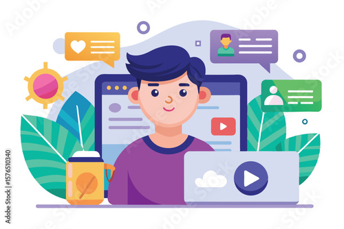 Colorful illustration of a young man using a laptop surrounded by social media icons and messages, symbolizing online communication and digital connectivity.