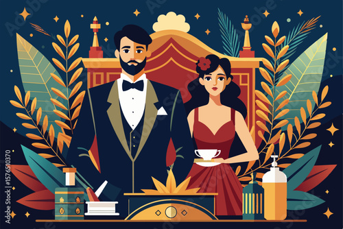 Illustration of a sophisticated couple in evening wear, surrounded by luxurious greenery and ornate details. The man wears a tuxedo, while the woman holds a teacup elegantly.