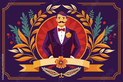 Illustration of a distinguished gentleman in a suit, surrounded by ornate floral elements, capturing a classic vintage style in warm, rich colors.