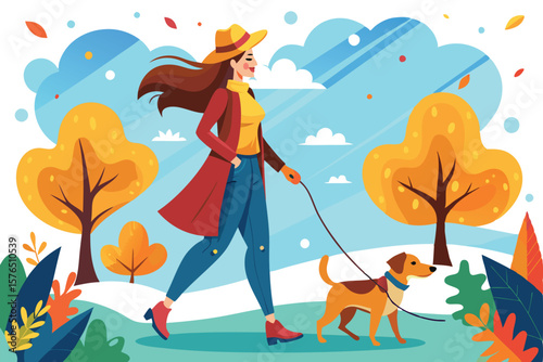 Illustration of a woman walking a dog amidst vibrant autumn trees and leaves. The scene captures the essence of a lively and cheerful fall day, evoking a sense of happiness.