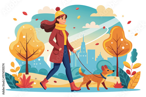 Illustration of a woman enjoying an autumn walk with her dog in a park. The background features a cityscape and vibrant fall colors, capturing a moment of relaxation and leisure in nature.
