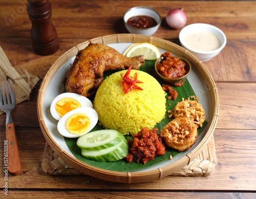 A vibrant plate of Nasi Lemak, featuring spiced chicken, yellow rice, and various accompaniments. photo