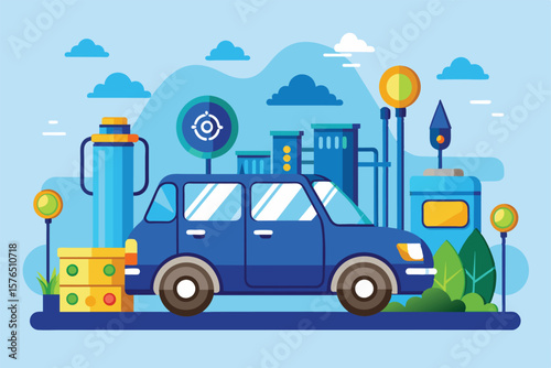 Vibrant vector art depicting an electric car at a modern charging station, surrounded by cityscape elements and clouds, highlighting eco friendly transportation and urban living concepts.