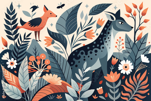 A whimsical illustration featuring a deer and bird surrounded by vibrant flora in a lush forest setting. Captures the essence of nature, wildlife, and tranquility in a playful art style.