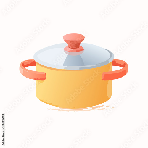 Illustration of a yellow cooking pot with a lid and orange handles, isolated on a white background.