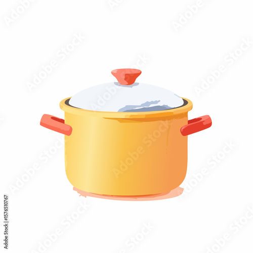 A yellow cooking pot with a lid, featuring red handles and a white background.