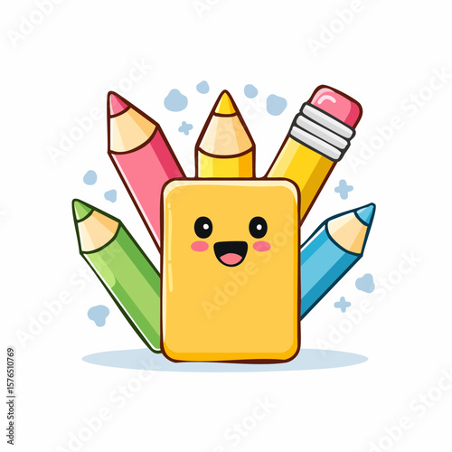 Cartoon illustration of a smiling eraser surrounded by colorful pencils, set against a light blue speckled background.