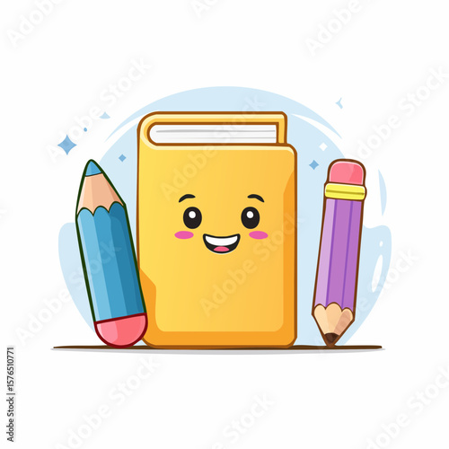 Cute cartoon book, pencil, and pencil character, ready for learning.