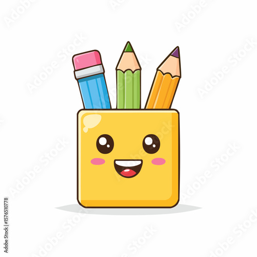 A smiling, cartoon pencil holder containing three colorful pencils, ready for use.