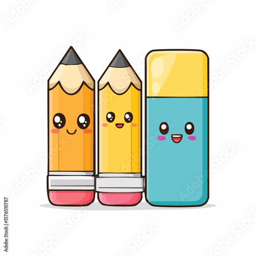 Two smiling pencils and a friendly eraser are standing together, happy.