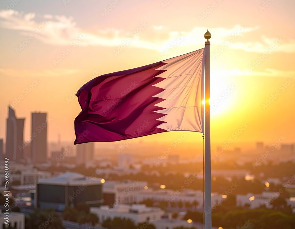 Qatar flag waving proudly over cityscape at sunset.