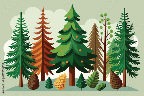 Vibrant digital illustration of assorted evergreen trees in a forest setting. Features various tree types, pine cones, and foliage, perfect for nature themes and educational