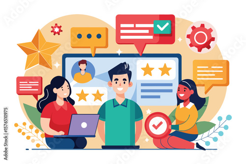 Illustration of diverse coworkers engaging in teamwork, discussions, and feedback sharing. Emphasizes communication, productivity, and collaboration in a modern workplace environment.