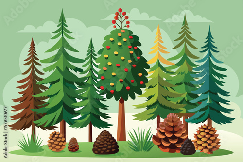 Illustration of various colorful pine trees and cones set against a lush green forest background. Perfect for nature and holiday themed designs, capturing the essence of a lively woodland.