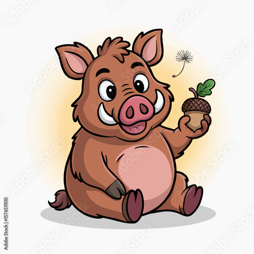 Adorable Boar Cartoon: A charming cartoon illustration of a young boar holding an acorn, radiating childlike wonder and innocence.