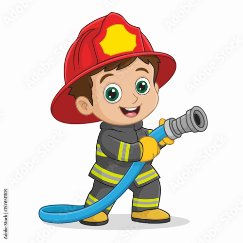 Heroic Aspirations: A charming young individual, clad in a firefighter's ensemble, fearlessly grasps a water hose, embodying the essence of courage and service to the community.