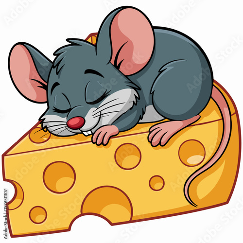 Sweet Slumber: A serene scene unfolds as a tiny mouse rests peacefully atop a generous chunk of cheese. Its eyes are closed, the essence of calmness and contentment enveloping the image.