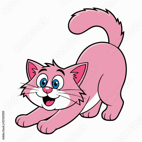 Playful Pink Feline: A cheerful pink cat stretches and arches its back. Capturing a moment of pure joy and relaxation, this cartoon cat is set against an isolated background.