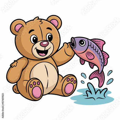 Playful Encounter: An animated illustration of a cheerful teddy bear happily interacting with a colorful fish, capturing a moment of pure joy and childhood delight.