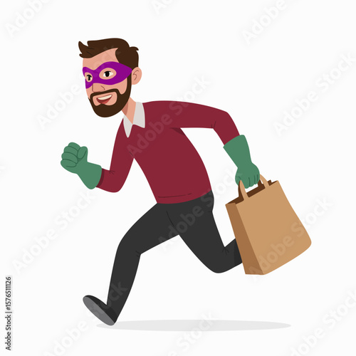 Cartoon Burglar on the Run: A nimble cartoon burglar makes a daring escape, clutching a loot-filled shopping bag as he races away with mischievous grin and determined gaze.