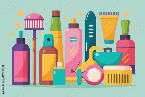 Vibrant illustration depicting a variety of bathroom toiletries and beauty products, including bottles, brushes, and creams. Ideal for themes related to hygiene, self care, and personal grooming.