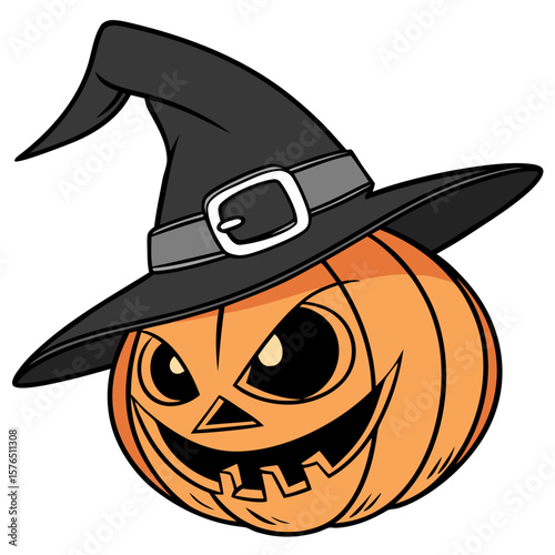 Sinister Halloween Pumpkin Cartoon with Witch Hat – Carved Face, Bold Expression