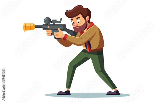 Colorful illustration of a cartoon character holding a toy gun in an action pose, conveying playfulness and excitement. Ideal for themes of childhood, fun, and adventure.