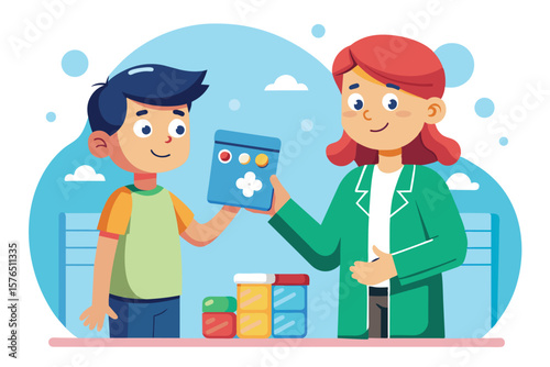 Illustration of a friendly pharmacist handing medicine to a smiling child. The setting is cheerful and educational, emphasizing healthcare, trust, and well being.