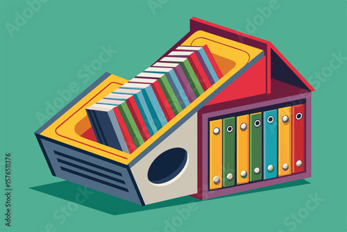 Illustration of colorful file organizers with a variety of binders arranged on a green background, emphasizing organization and office supplies.