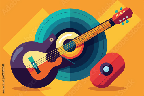 Vibrant, abstract illustration of a guitar surrounded by geometric shapes, featuring bold colors and dynamic patterns. Perfect for music themed designs and artistic projects needing a modern touch.