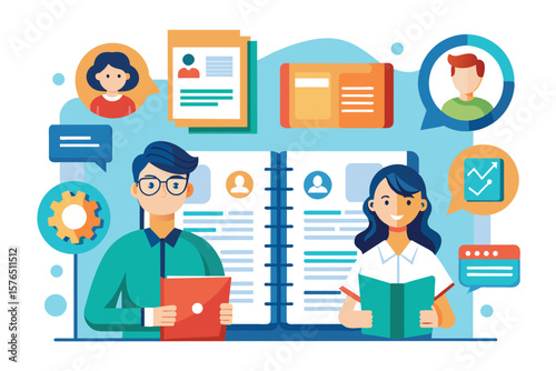 Illustration of a diverse office team collaborating on project management strategies. Engaging in active discussion and document analysis, they exemplify teamwork, productivity, and communication.