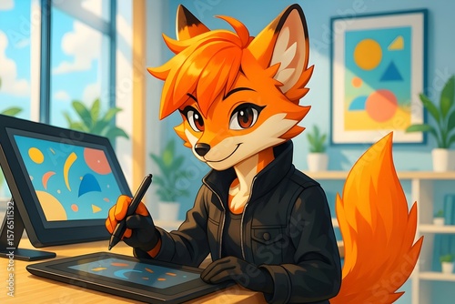 playful cartoon fox drawing on graphic tablet at digital workstation for use in creative design, animation, or illustration themed projects