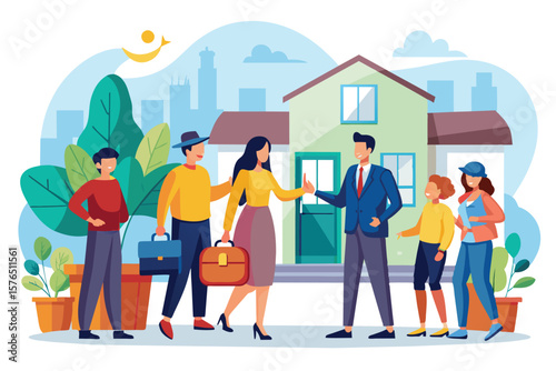 Illustration of a cheerful neighborhood scene with new neighbors greeting each other, promoting community and connection. Suitable for themes of unity, diversity, and friendly interactions.