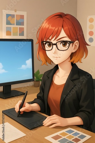 creative professional using drawing tablet in front of screen at work desk for use in illustration, animation, or remote work visuals