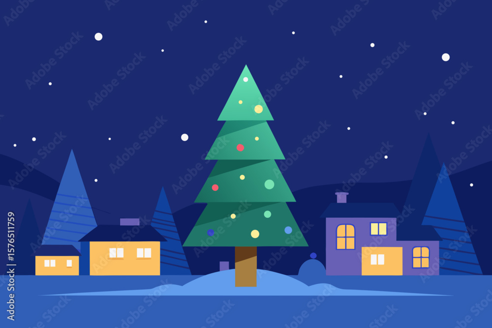 Naklejka premium A vibrant illustration of a festive Christmas night landscape, with snow-covered trees and houses under a star-filled sky, celebrating the winter holiday season
