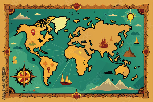 Explore this vintage style world map featuring nautical elements, ships, mountains, and compass symbols, evoking an adventurous and exploration feel. Ideal for historical and geographical concepts.