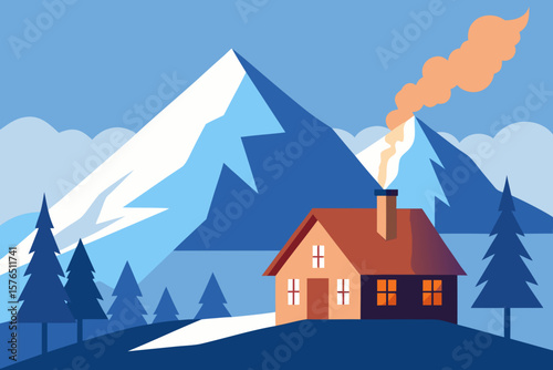 Cozy house nestled in a snowy mountain landscape, perfect for a winter holiday scene