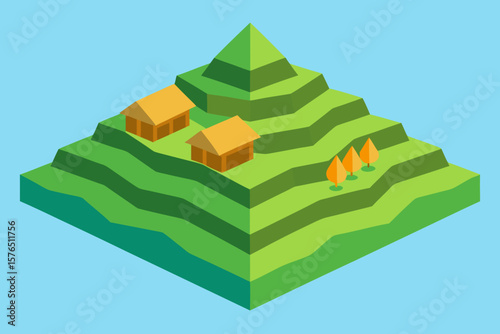 Green house illustration in a summer landscape with trees and a village
