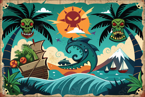 Vivid cartoon illustration depicting a pirate adventure on the seas with palm trees, skulls, a ship, and a ferocious sea creature under a bright sun.