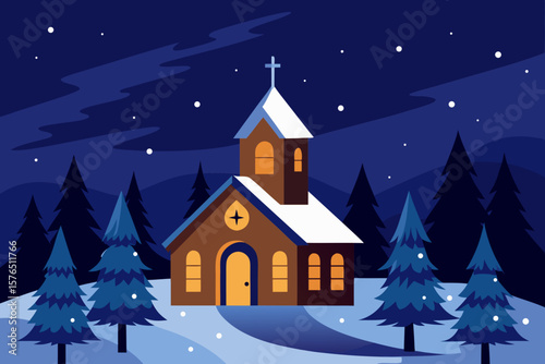 Winter wonderland church scene with snow, trees, and cozy village houses
