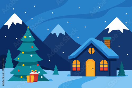 Christmas winter landscape with houses, snow, and trees, a festive holiday scene