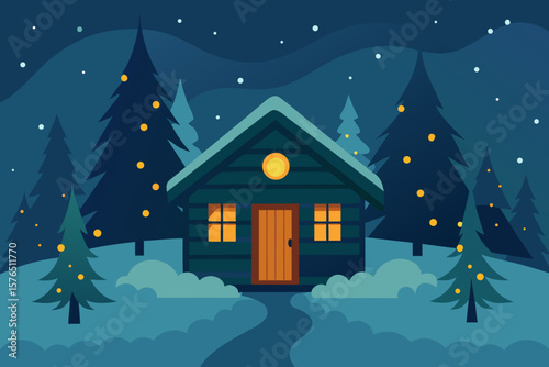 Cozy house in a snowy winter landscape at night, perfect for a Christmas holiday scene