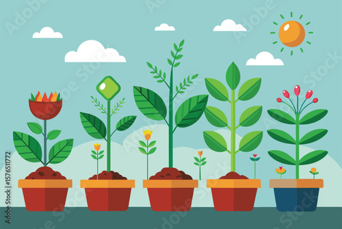 Vibrant illustration of various potted plants depicting growth stages against a sunny sky, symbolizing nature, development, and sustainability. Ideal for environmental or gardening themes.
