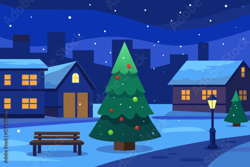 Christmas night landscape with a festive village and snow-covered trees under a starlit sky