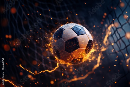 Soccer Ball Bursting Through the Net With Glowing Effects in an Intense Momen...