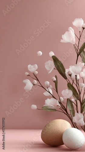 White Eggs and Delicate Flowers Arranged on a Soft Pink Background for Spring...